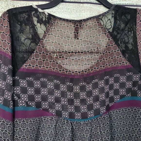 Maurices Women’s Boho Sheer Blouse Size M Long Sleeve Lace Yoke Mixed Print Peas - Picture 4 of 9